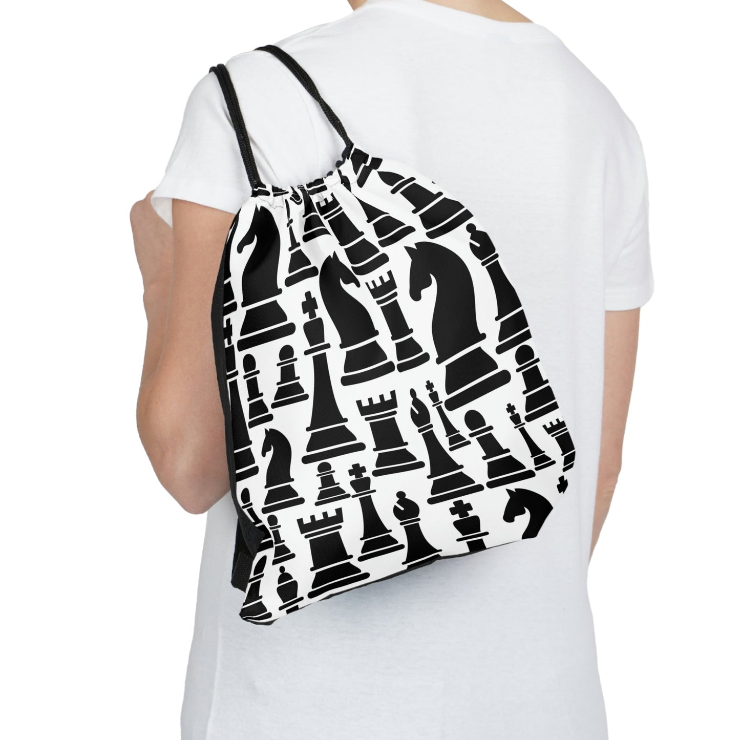 Drawstring Bag, Black and White Chess Print