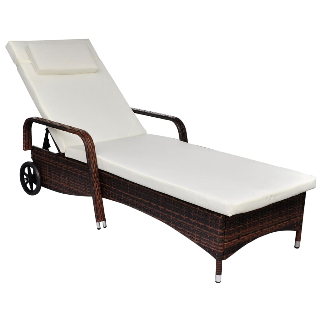 Sun Lounger with Cushion & Wheels Poly Rattan Black