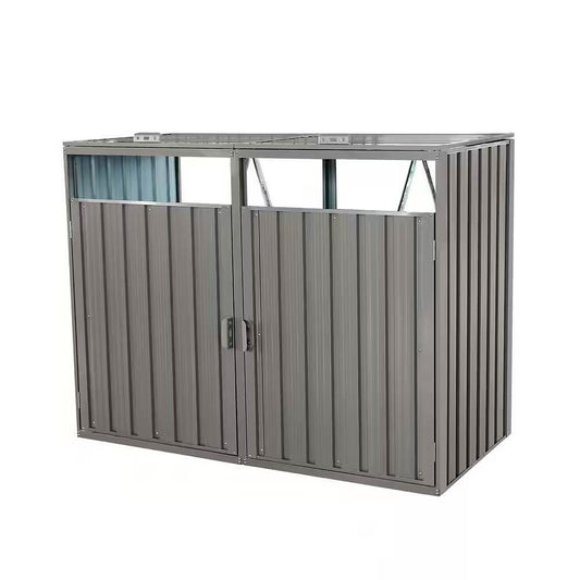 Outdoor Grey Galvanized Steel Garbage Bin Storage Shed - Holds 2 Trash