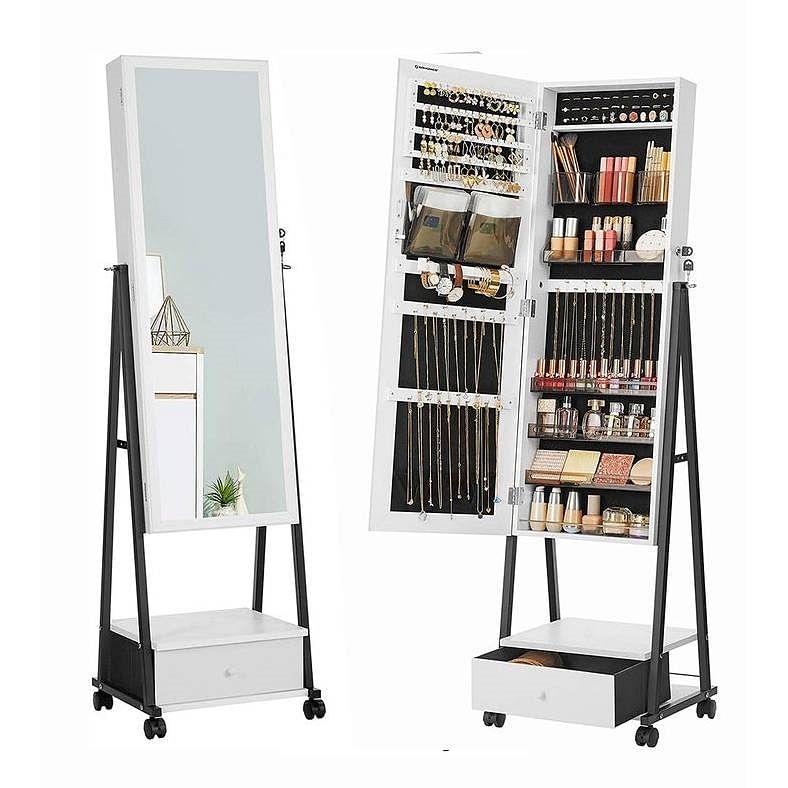 Modern Black Metal White Wood Jewelry Armoire Cabinet Organizer Mirror