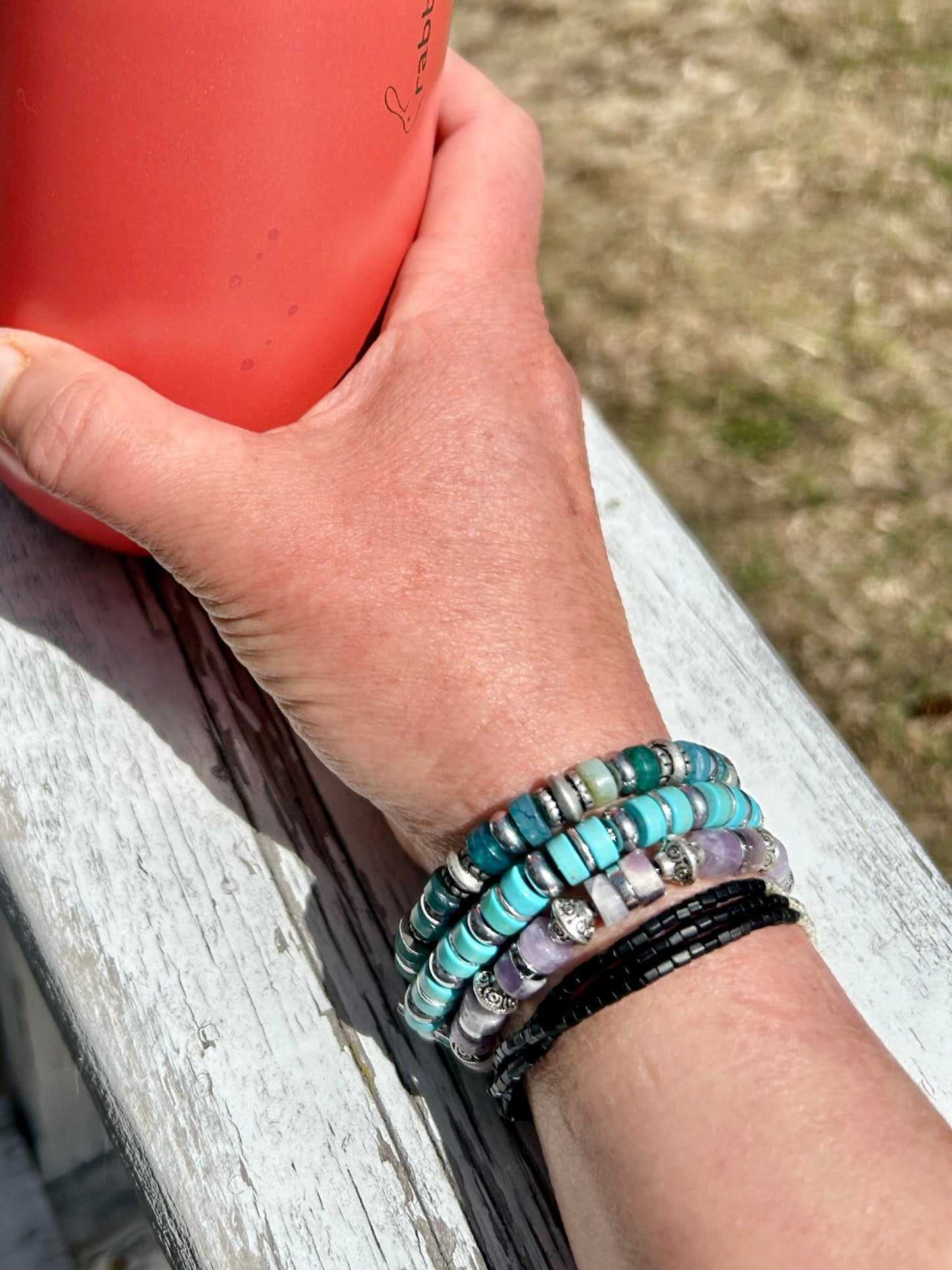 Purple Amethyst & Silver Stretchy Beaded Bracelet