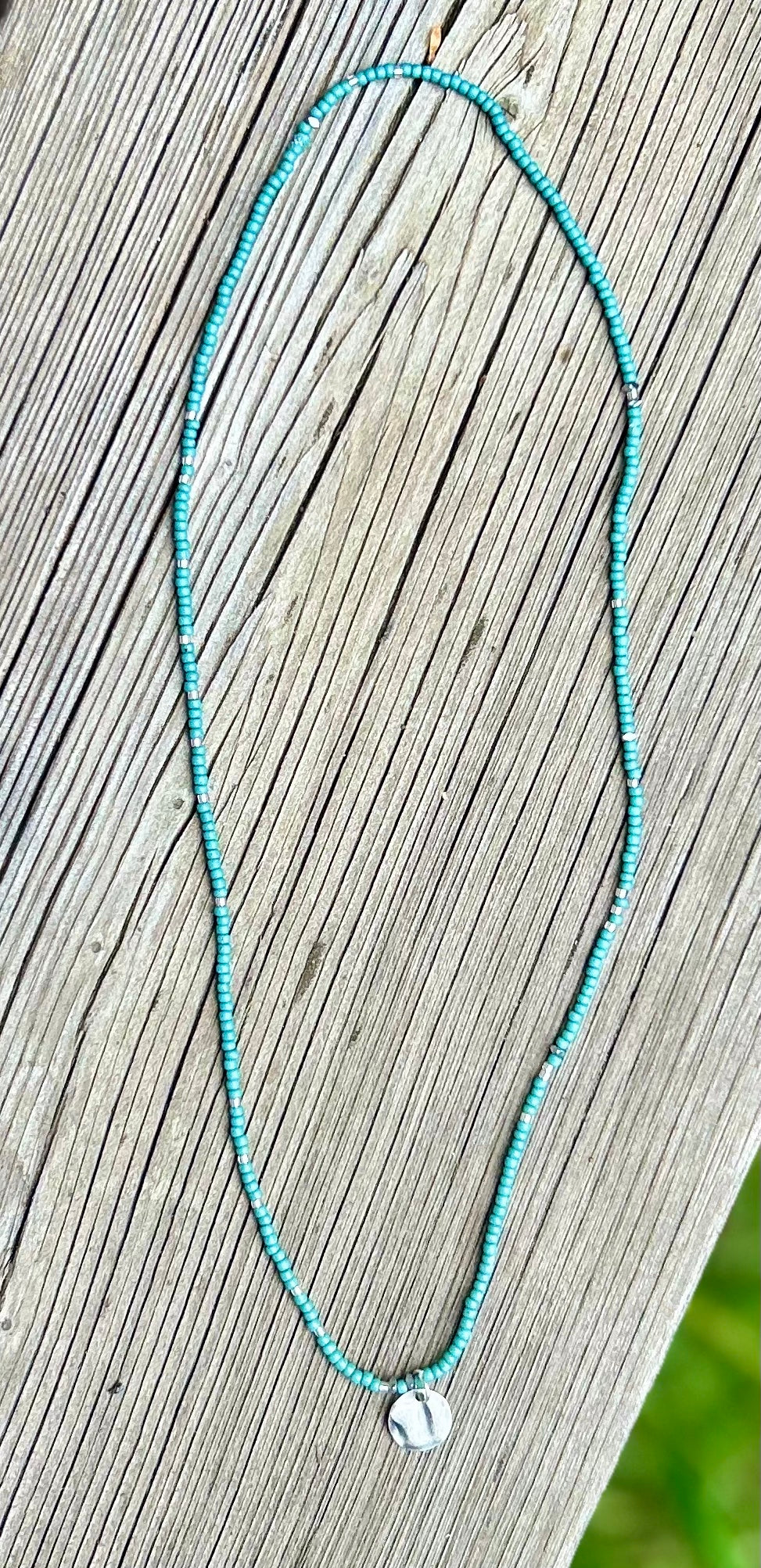 Sage Green Boho Seed Bead Necklace with Silver Circle Pendant