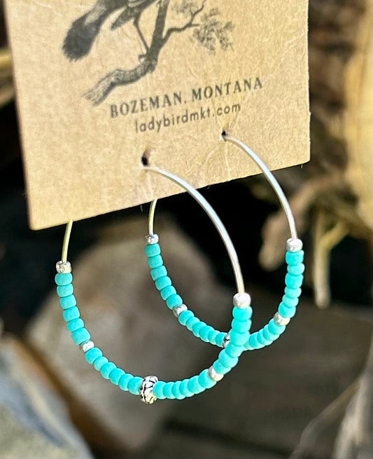 Turquoise & Silver Beaded Hoop Earrings