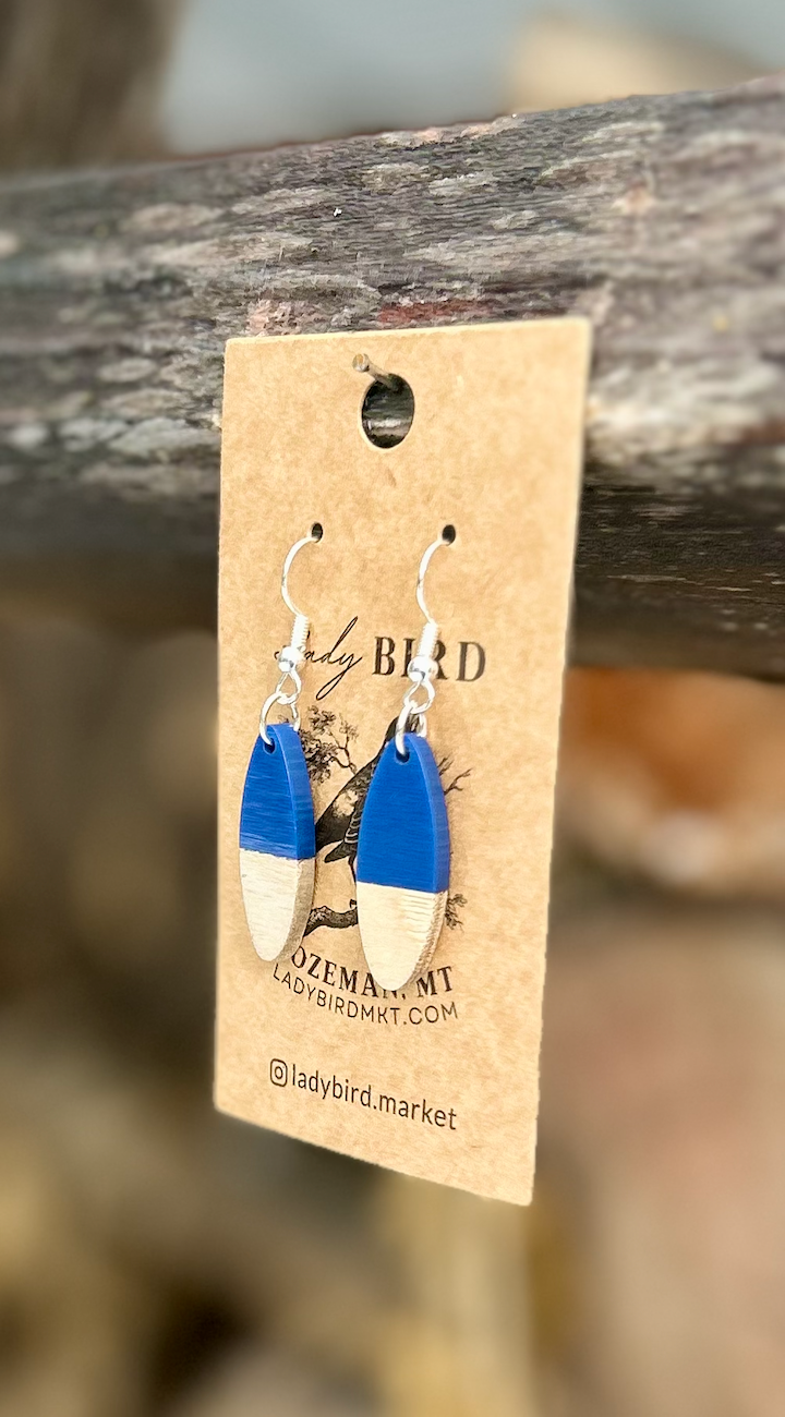 Wood & Navy Blue Resin Oval Earrings