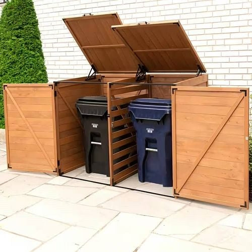 Outdoor Solid Wood Trash Can Garbage Bin Storage Shed - Holds 2 Trash