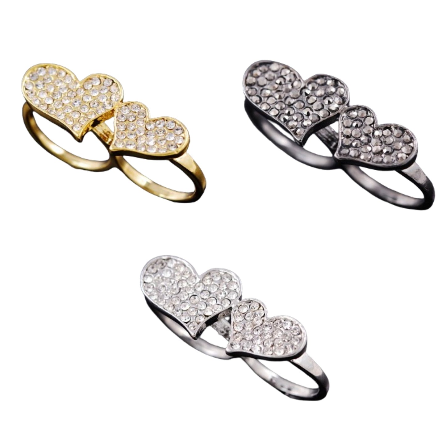 Studded Heart Two Finger Rings