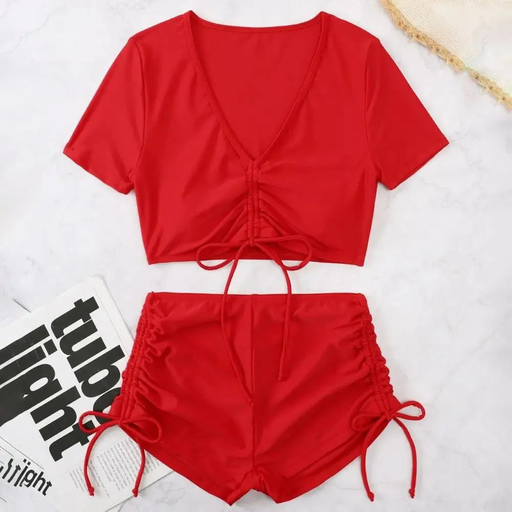 Women Summer Bikini Set V-Neck Short Sleeve Tops High Waist Drawstring