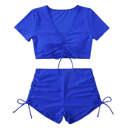 Women Summer Bikini Set V-Neck Short Sleeve Tops High Waist Drawstring