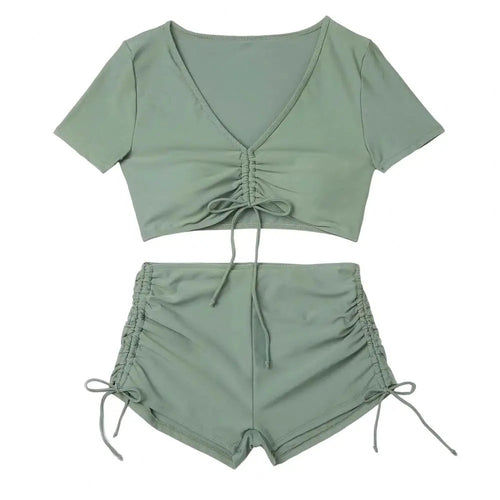 Women Summer Bikini Set V-Neck Short Sleeve Tops High Waist Drawstring