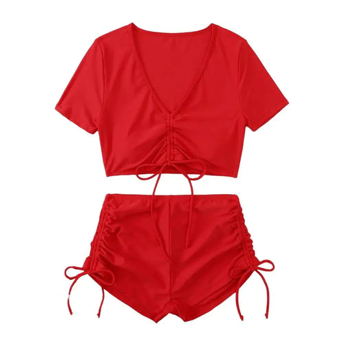 Women Summer Bikini Set V-Neck Short Sleeve Tops High Waist Drawstring