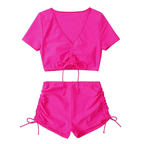 Women Summer Bikini Set V-Neck Short Sleeve Tops High Waist Drawstring