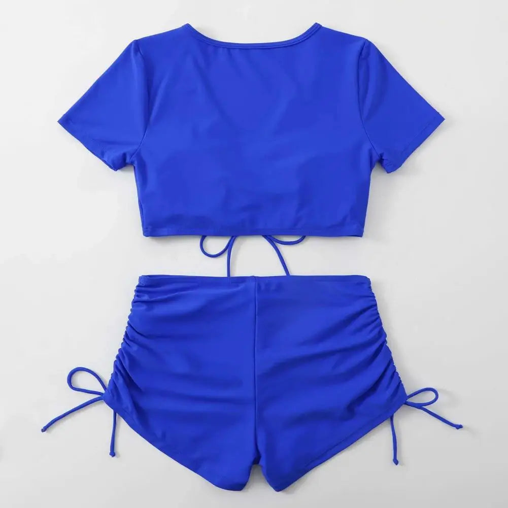 Women Summer Bikini Set V-Neck Short Sleeve Tops High Waist Drawstring