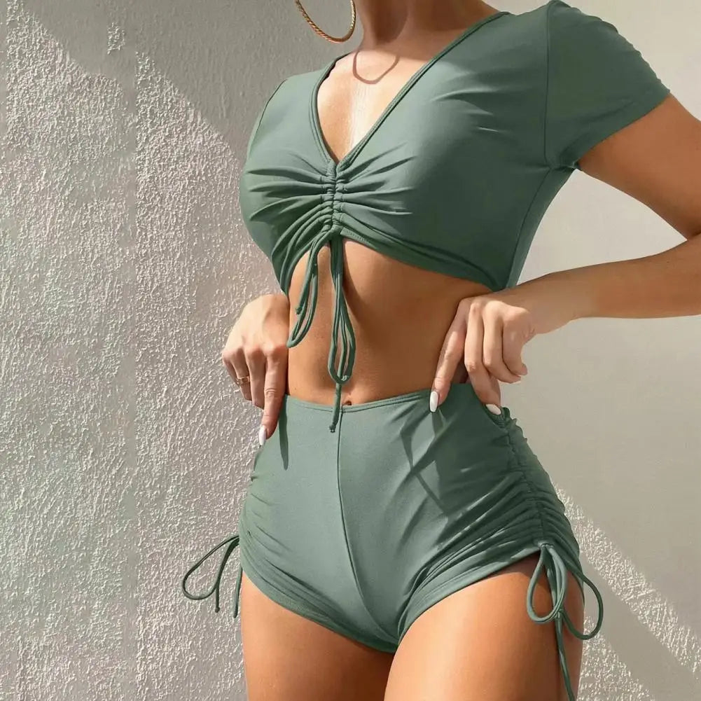 Women Summer Bikini Set V-Neck Short Sleeve Tops High Waist Drawstring