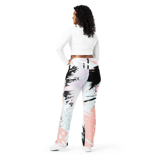 Womens Flare Leggings, Pink Black Abstract Print