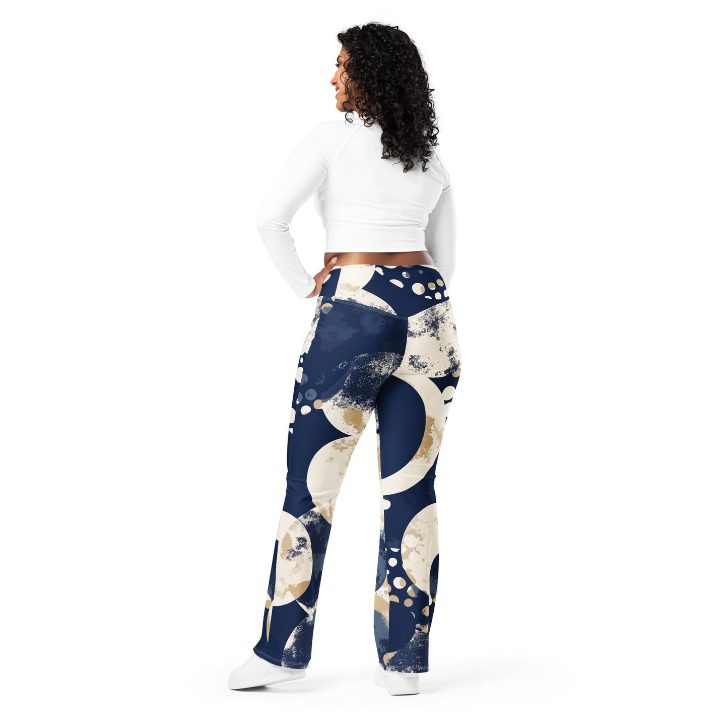 Womens Flare Leggings, Blue Beige Spotted Print