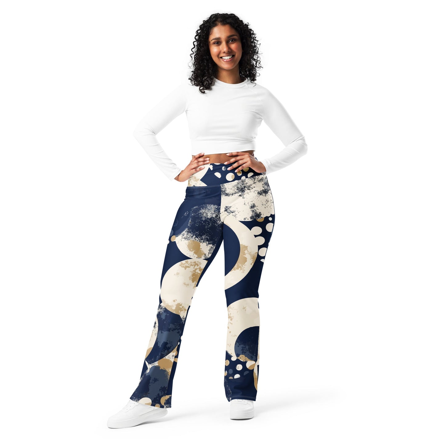 Womens Flare Leggings, Blue Beige Spotted Print