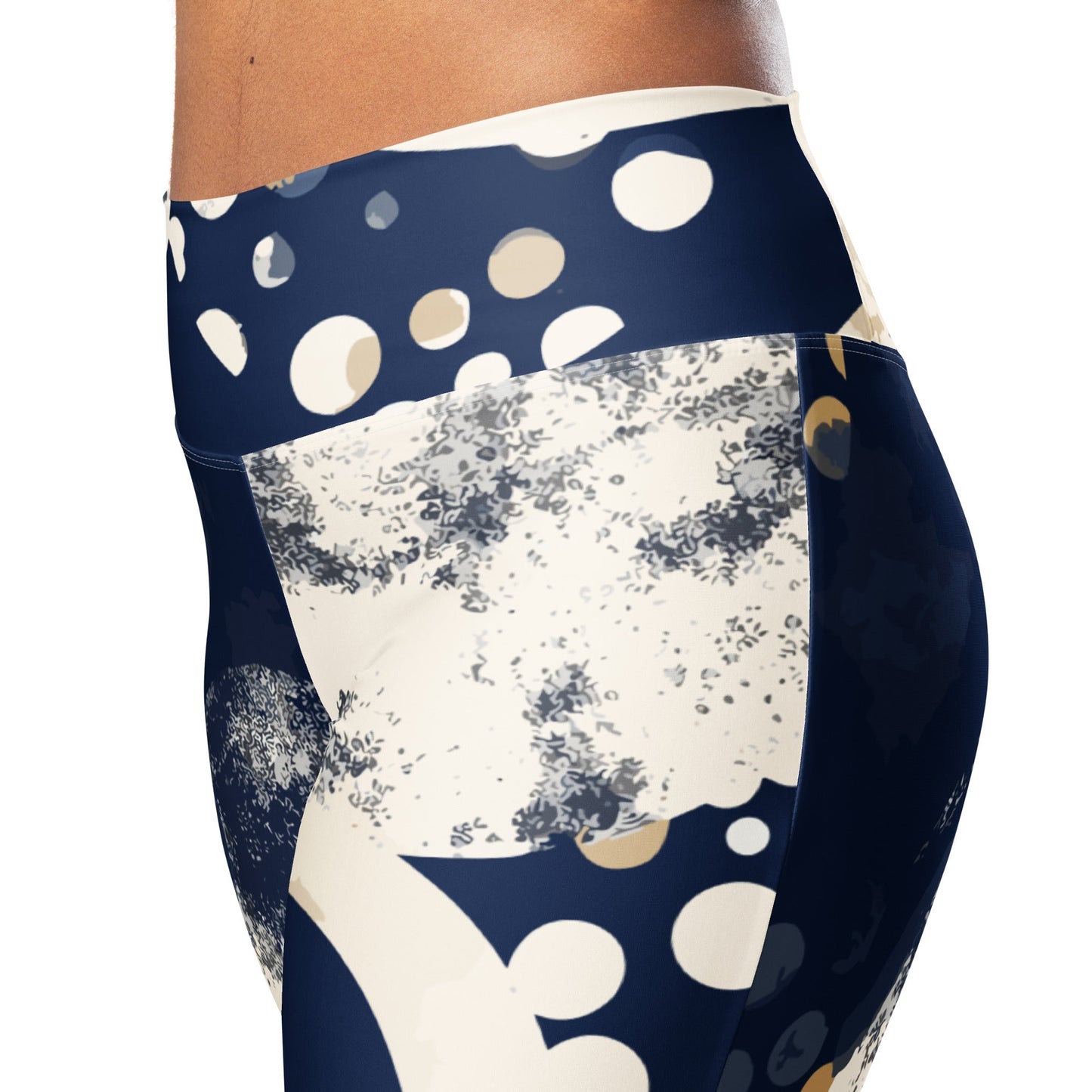 Womens Flare Leggings, Blue Beige Spotted Print