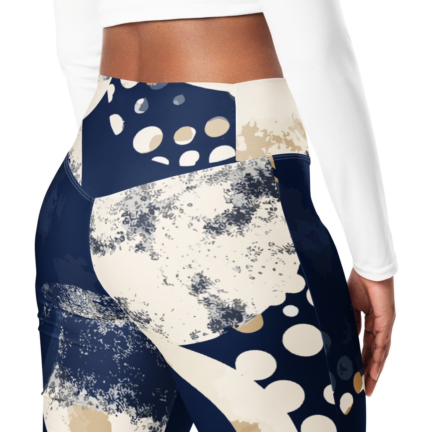 Womens Flare Leggings, Blue Beige Spotted Print