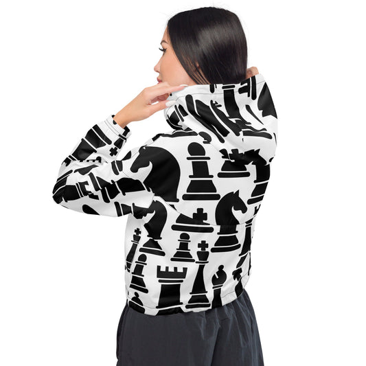 Womens Cropped Windbreaker Jacket, Black and White Chess Print