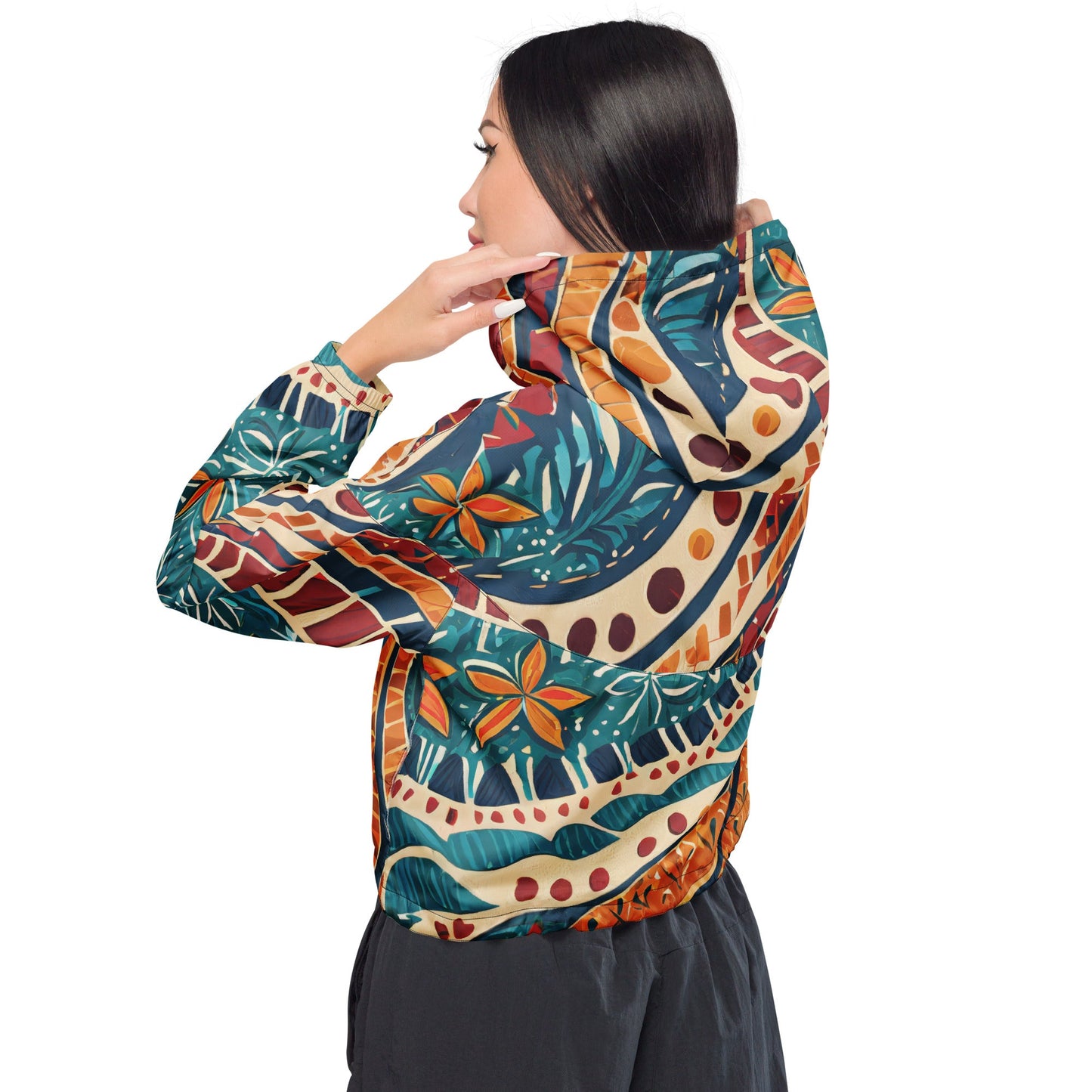 Womens Cropped Windbreaker Jacket, Boho Floral Tropical Print