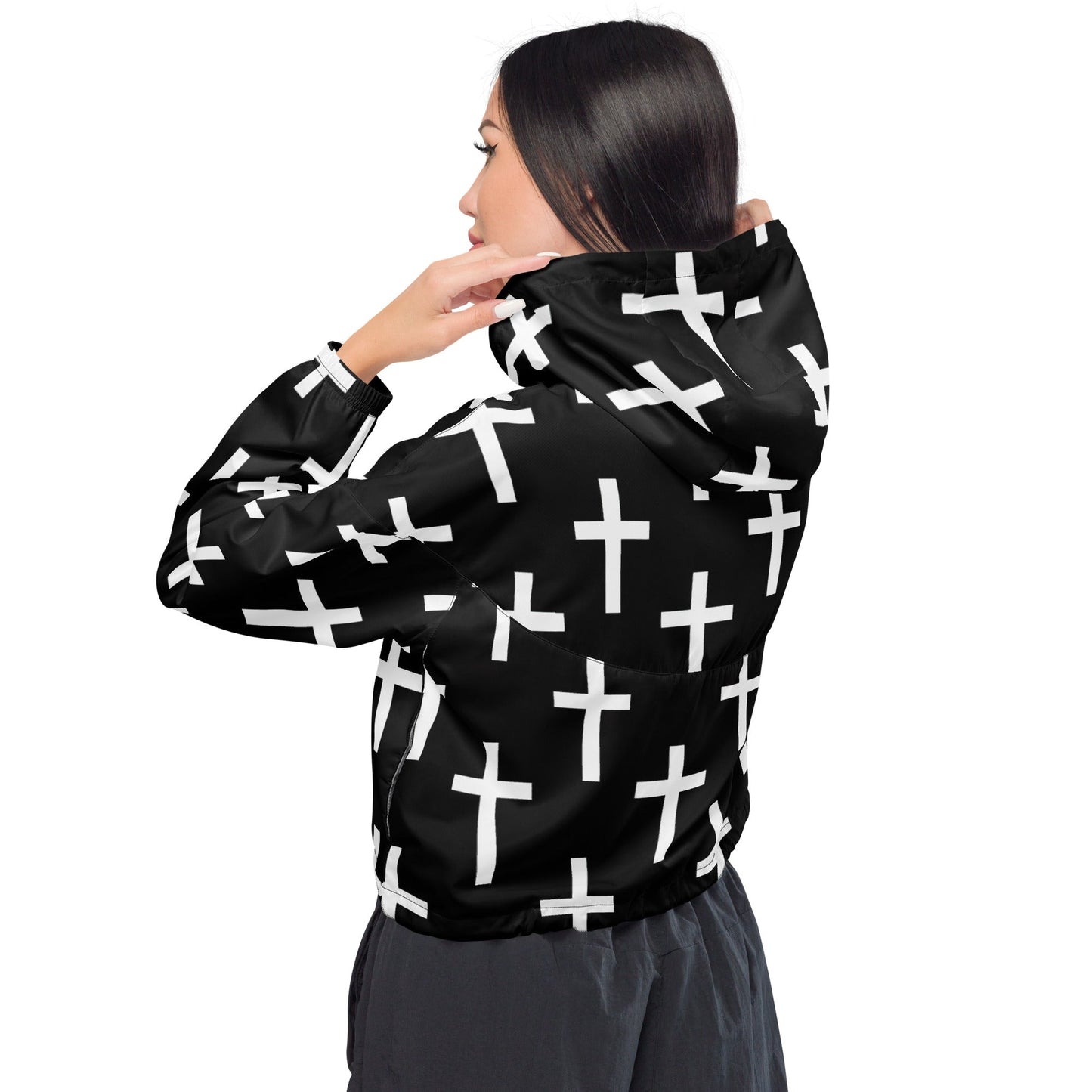 Womens Cropped Windbreaker Jacket, Black White Cross Print