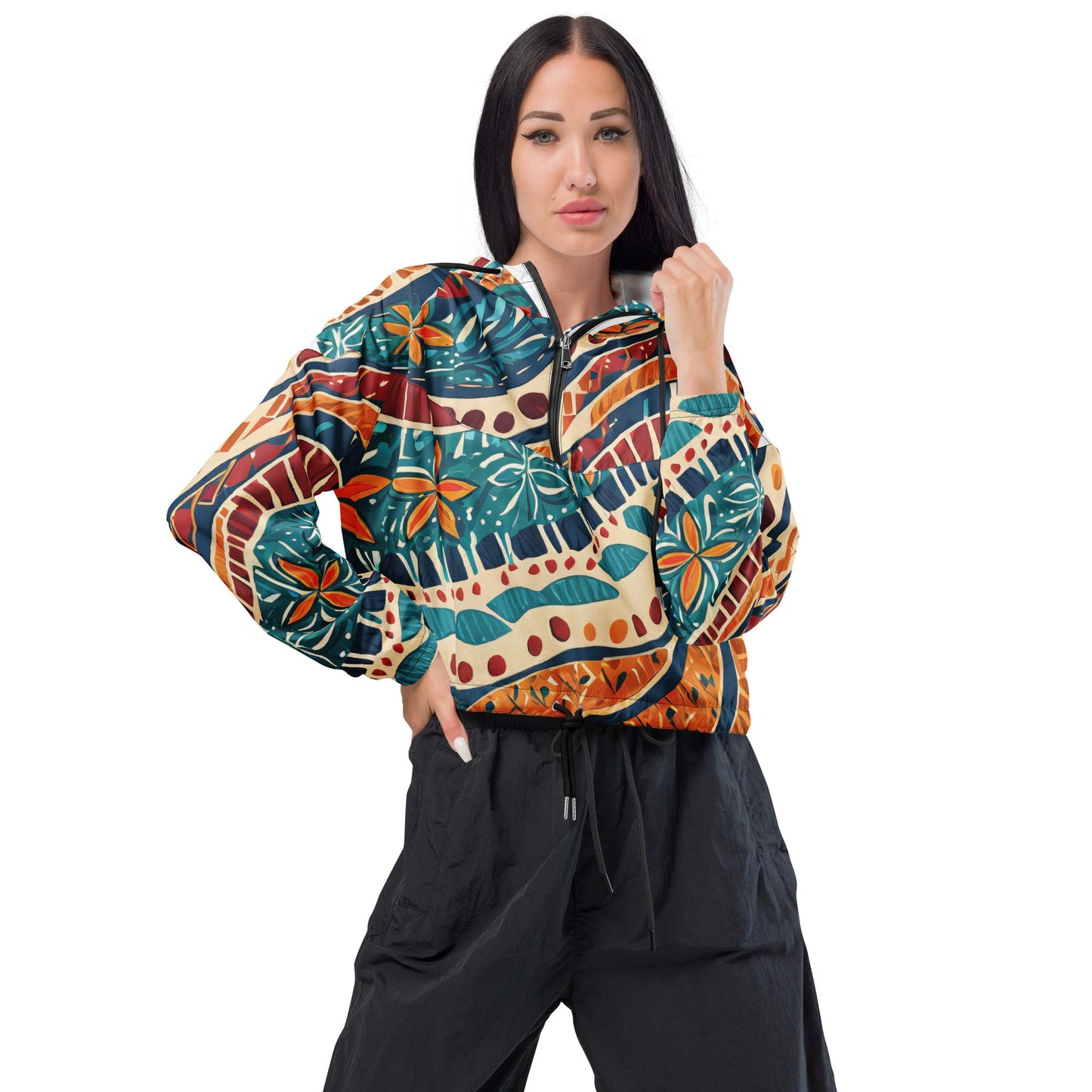 Womens Cropped Windbreaker Jacket, Boho Floral Tropical Print