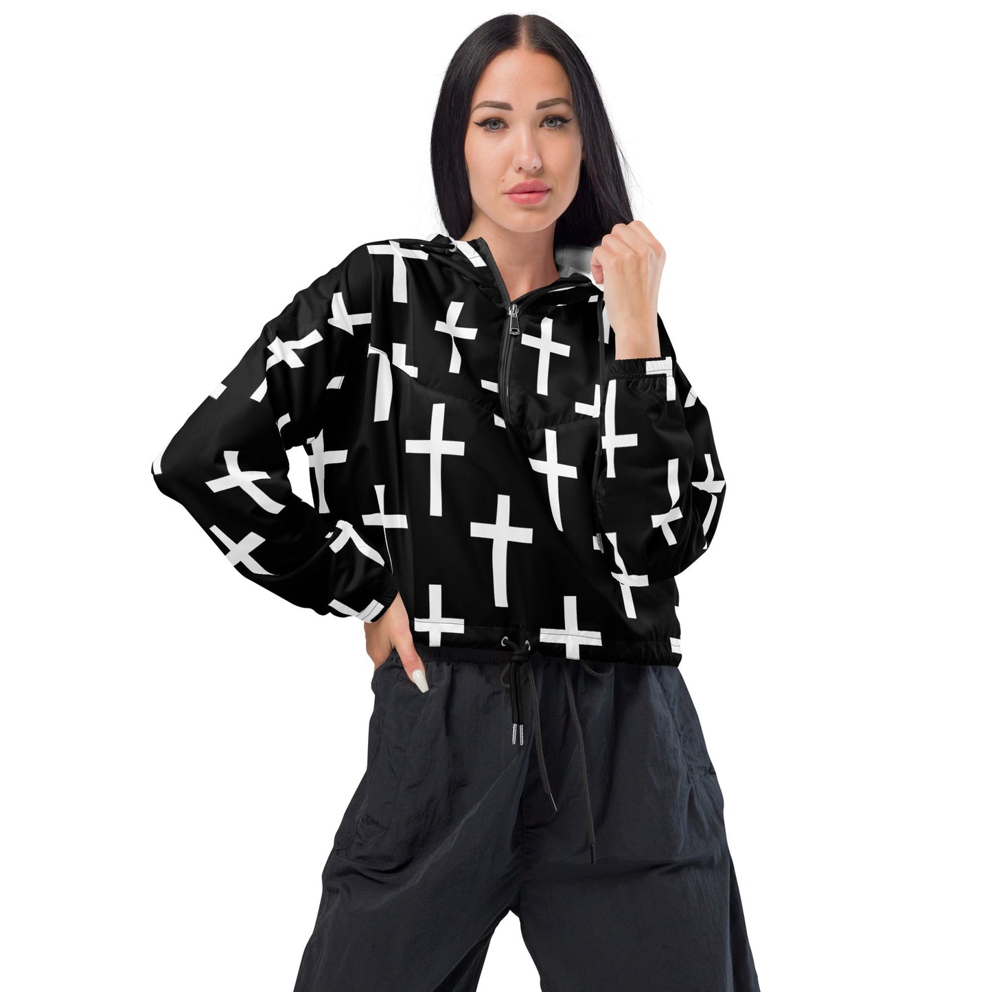 Womens Cropped Windbreaker Jacket, Black White Cross Print