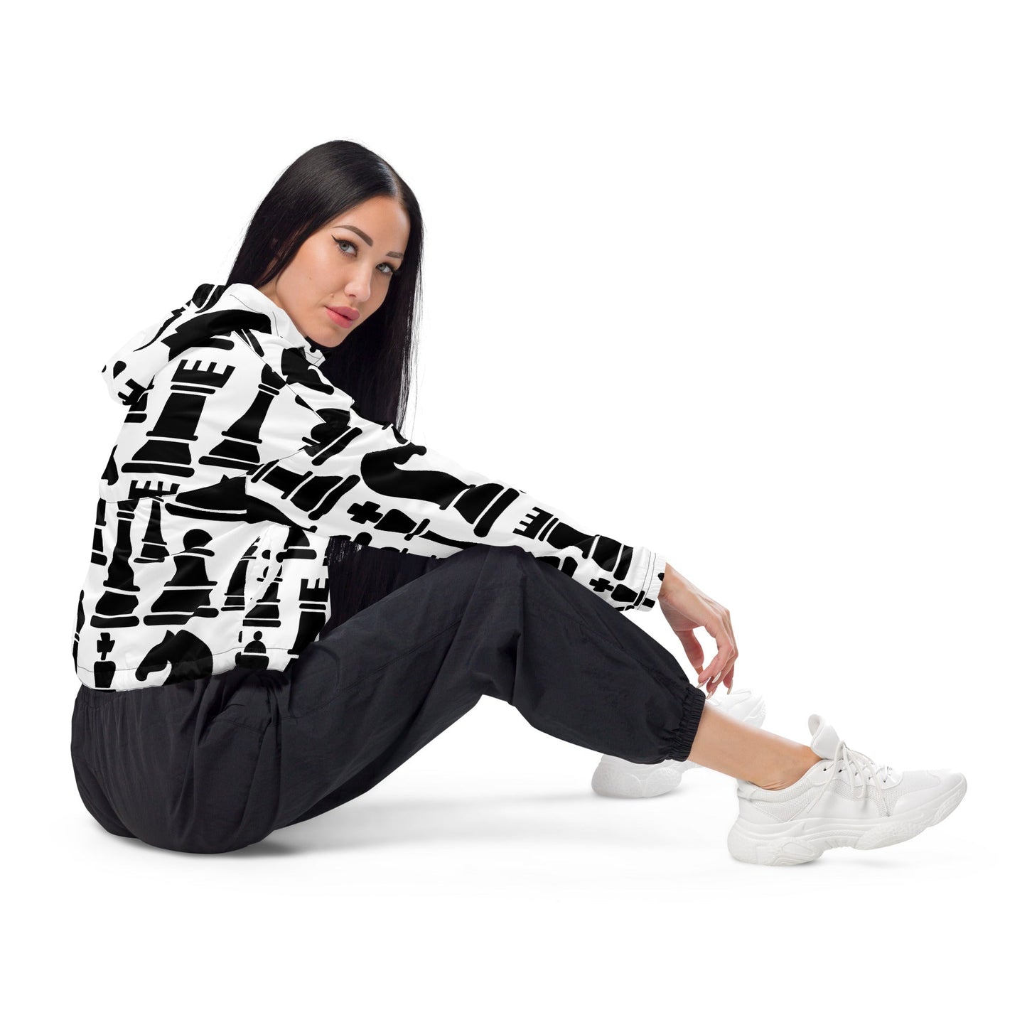 Womens Cropped Windbreaker Jacket, Black and White Chess Print