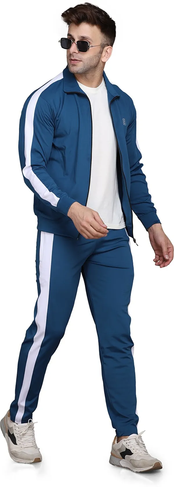 Light Blue Polyester Blend White Stripe Track suit for Men(Size-L)