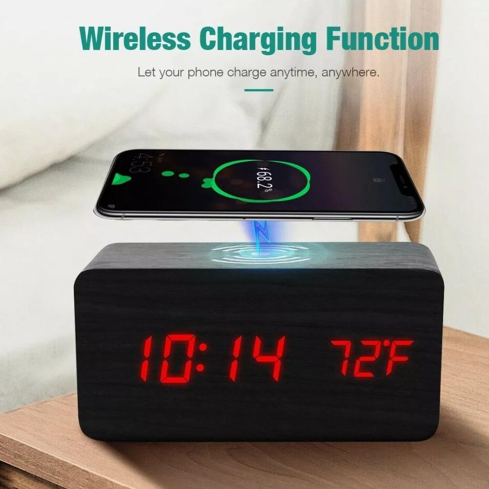 Wooden Digital Alarm Clock with Wireless Phone Charging Pad