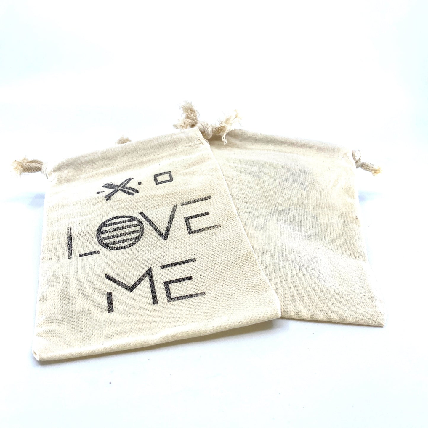 Hand Stamped, Love Me, Cotton Drawstring Pouches 4" x 6"