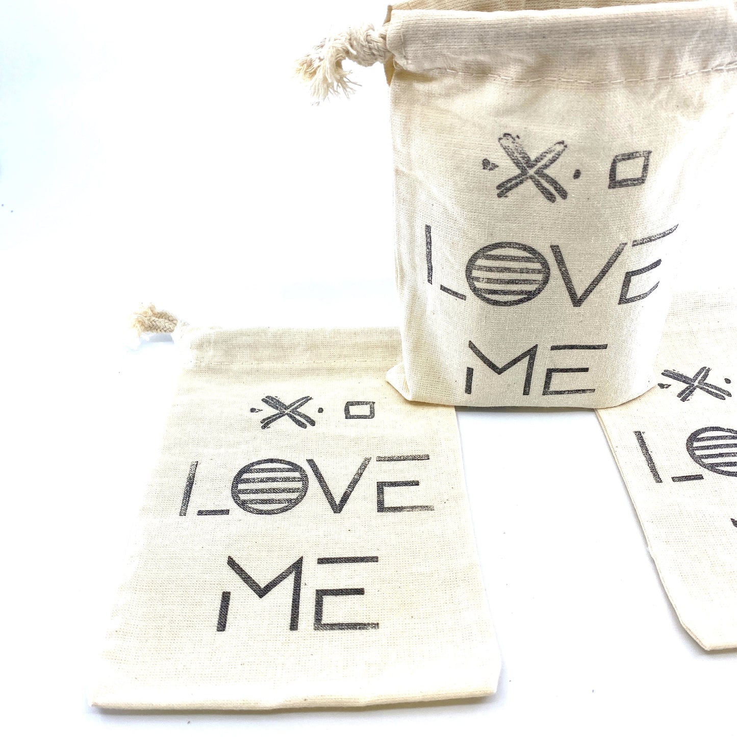 Hand Stamped, Love Me, Cotton Drawstring Pouches 4" x 6"