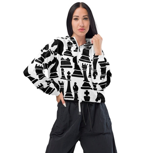 Womens Cropped Windbreaker Jacket, Black and White Chess Print