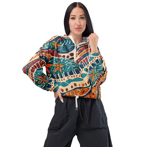 Womens Cropped Windbreaker Jacket, Boho Floral Tropical Print