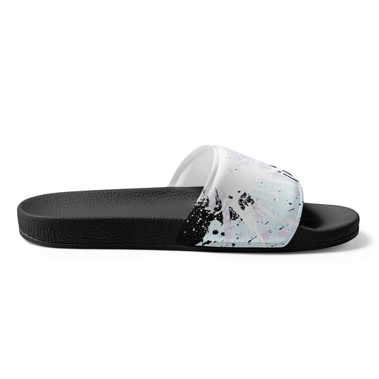 Women’s Slides Abstract Pink Black White Paint Splatter Pattern